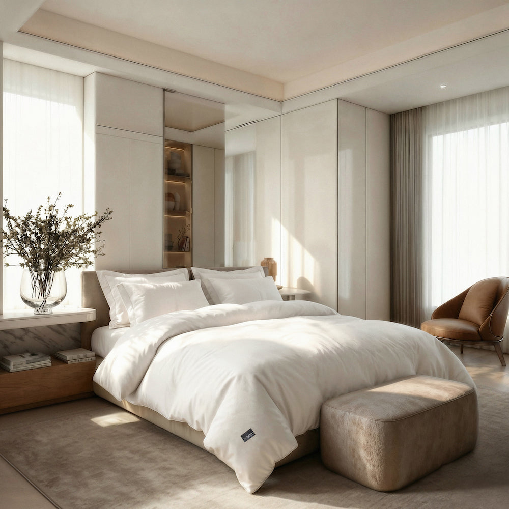 Luxury goose down comforter styled in a hotel-inspired bedroom
