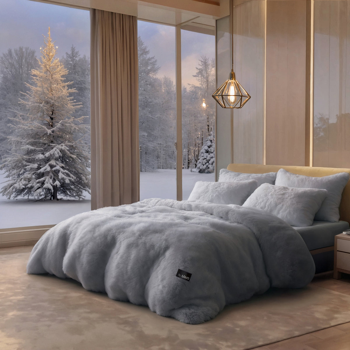 Aesthetic minimalist bedroom featuring CYRA velvet bedding set