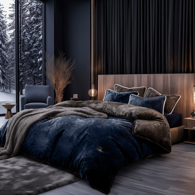 Amorgos plush velvet bedding set displayed on a queen size bed