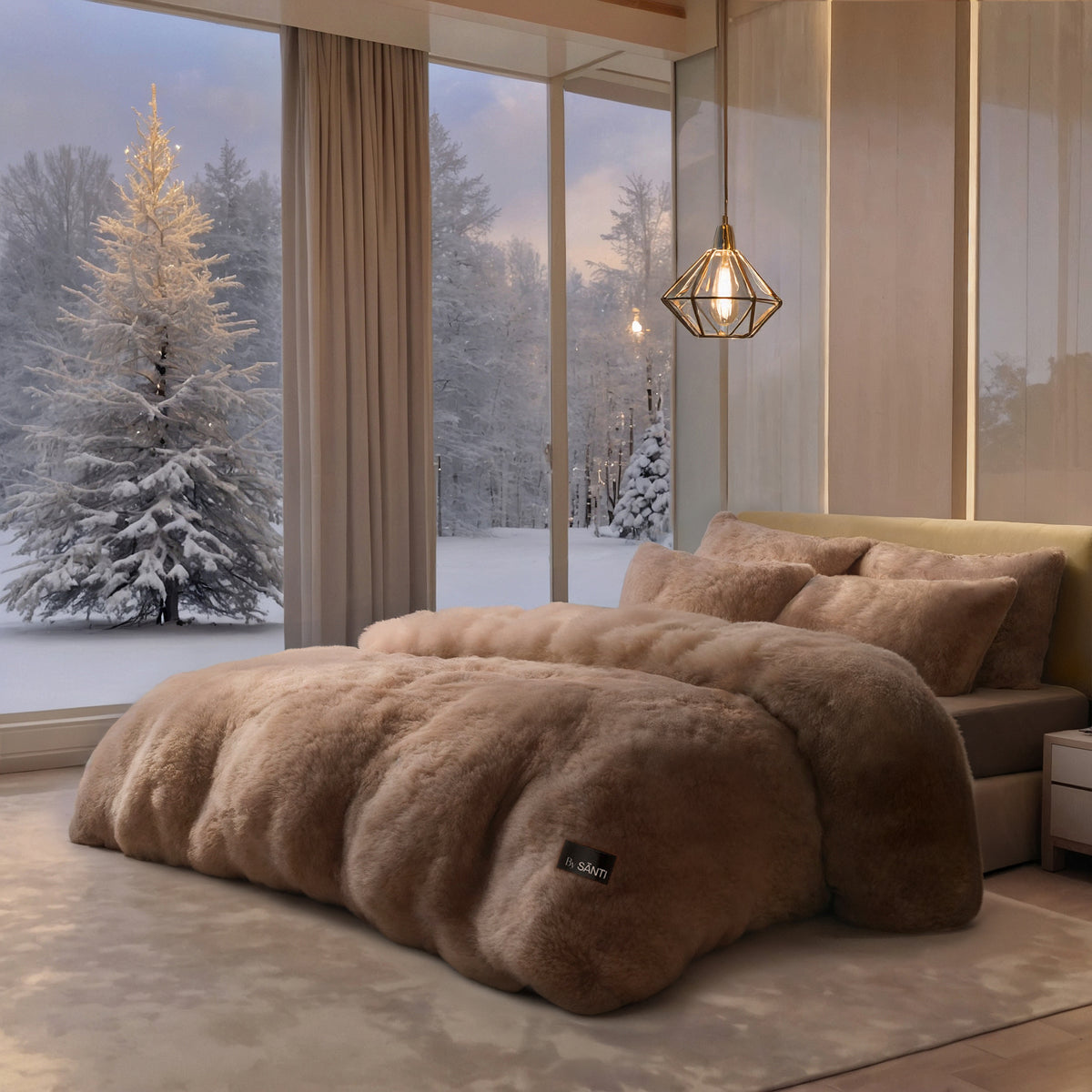Fluffy CYRA velvet bedding set on king size bed with luxury comforter