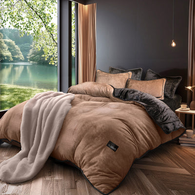 Hotel-style Velos velvet bedding set in aesthetic bedroom decor