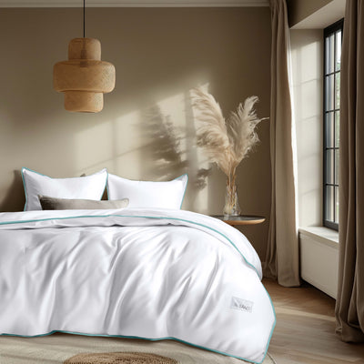 Oversized BRISA eucalyptus bedding set styled in hotel-inspired bedroom for luxury aesthetic look