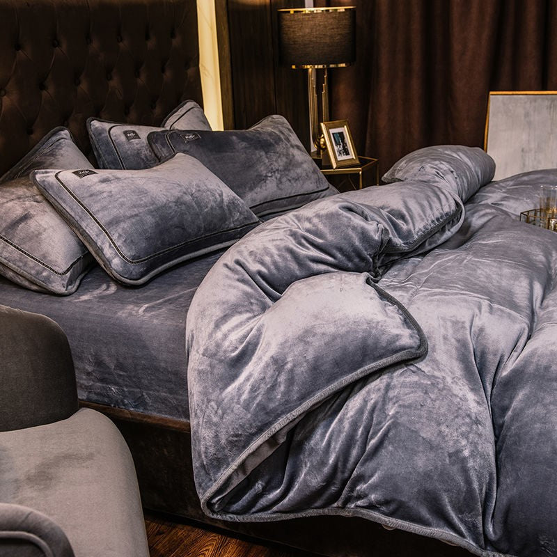 Minimalist bedroom featuring Velos Complete velvet bedding set